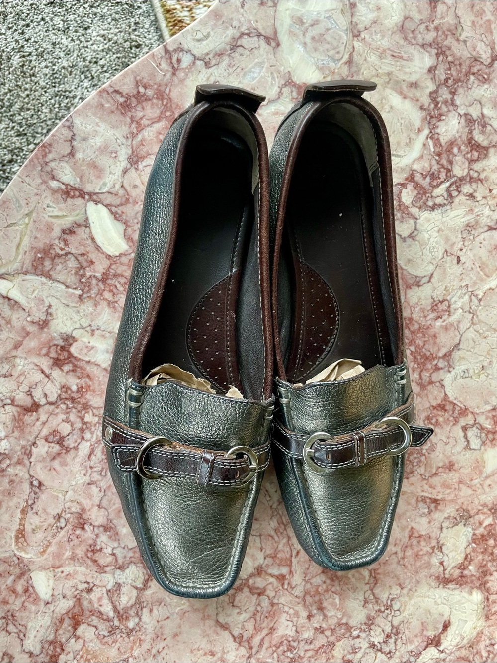 Sz 10 Coach Metallic Greenish Bronze With Brown Trim Leather Women's Loafers - Picture 5 of 12